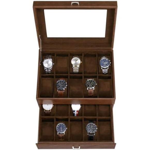 20 Slot Watch Box Organizer Display Case Glass Lid Leather Storage for Men - Picture 1 of 7
